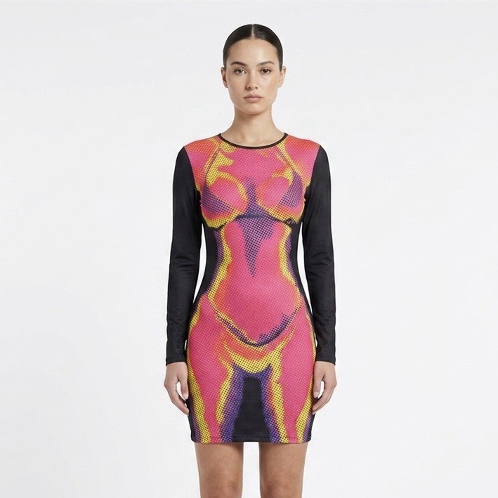 SHEIN Neon Pink & Yellow Long Sleeve Bodycon Dress with Black Sleeves – L