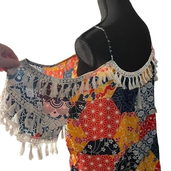 Boho patchwork off shoulder dress with fringe hem. 2XL