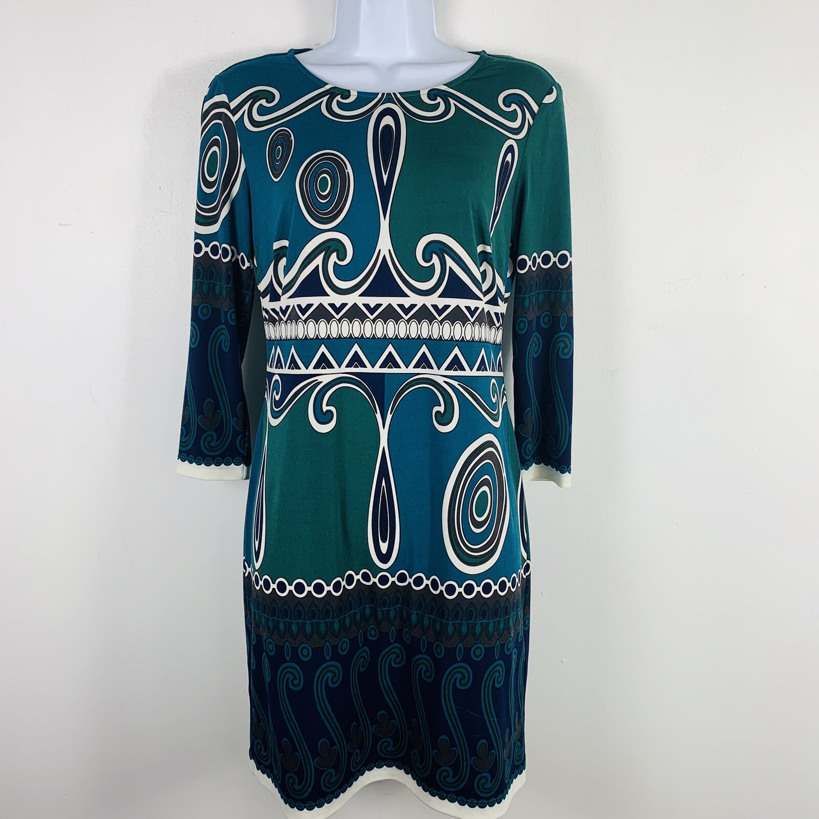 Ali Ro Womens Dress size 2 Blue Green Geometric Long Sleeve Lightweight Stretch