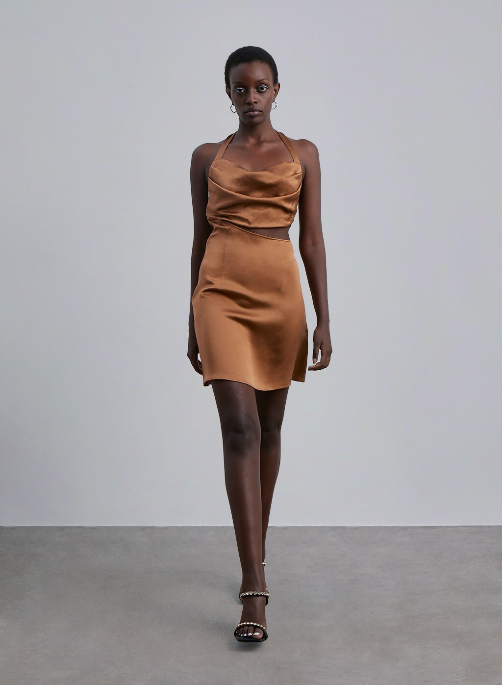 Silk Maison Silk Satin Mini Dress M Brown Halter Cowl Neck Slip Cocktail Party