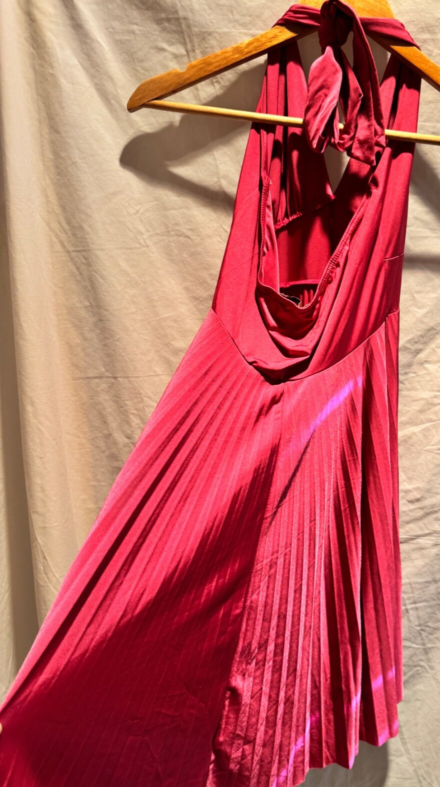 FOREVER SIZE MEDIUM ROSE PINK Full Pleated Skirt Halter Bare Back Neck Tie Poly