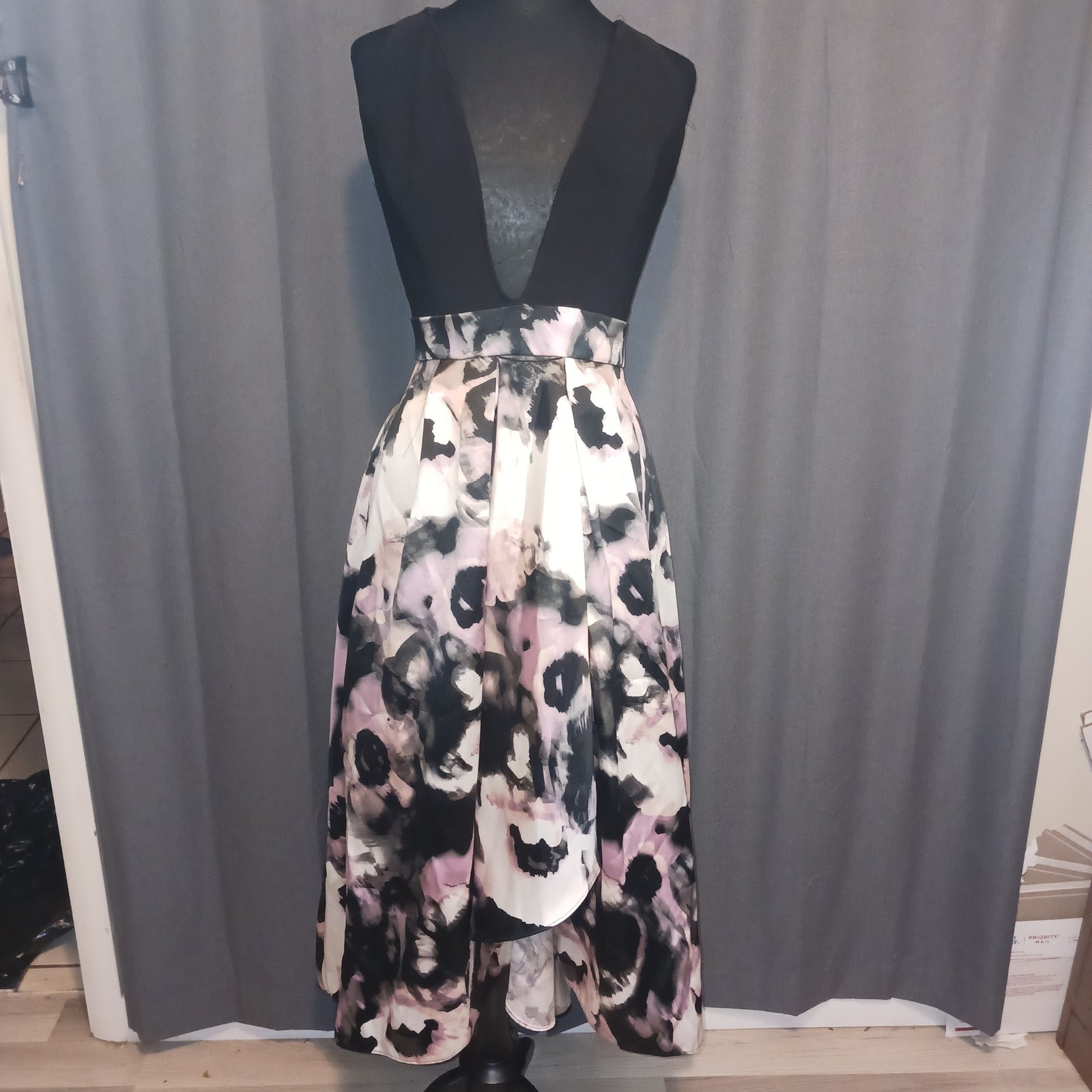 Ignite Evenings Floral Cottagecore Tafetta High Low Gown Black Pink 10 Dress