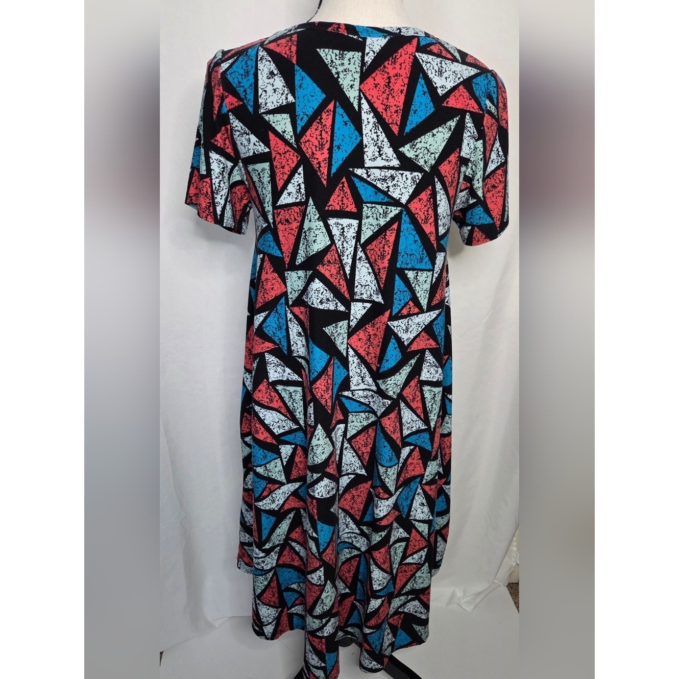 LuLaRoe Geometric Midi Dress in Black, Coral, Teal & White