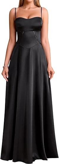 KUTUMAI Satin Maxi Dress Spaghetti Strap Lace Up Formal Dress (Small,Black)