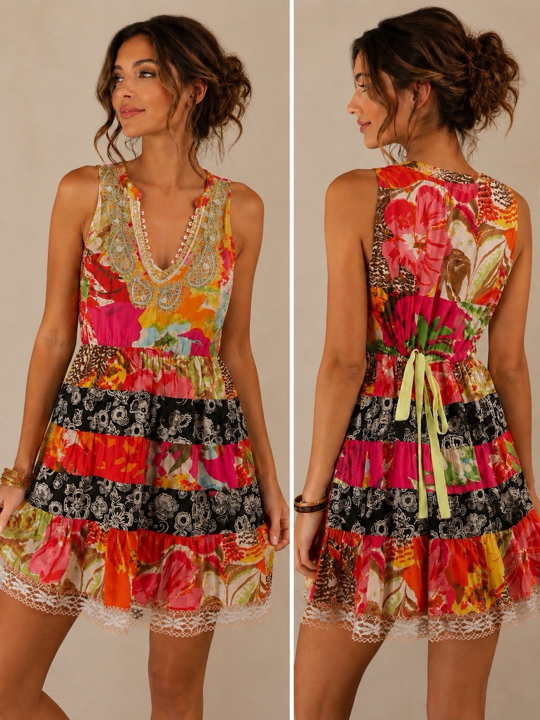 Free People Colorful Bright Patchwork Dress Womens Sz M