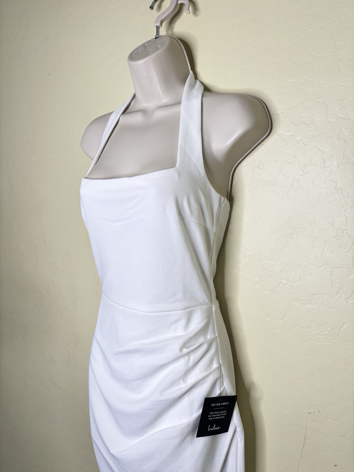 Lulus White Square Neck Halter Bodycon Midi Dress Slit Sleeveless Size S