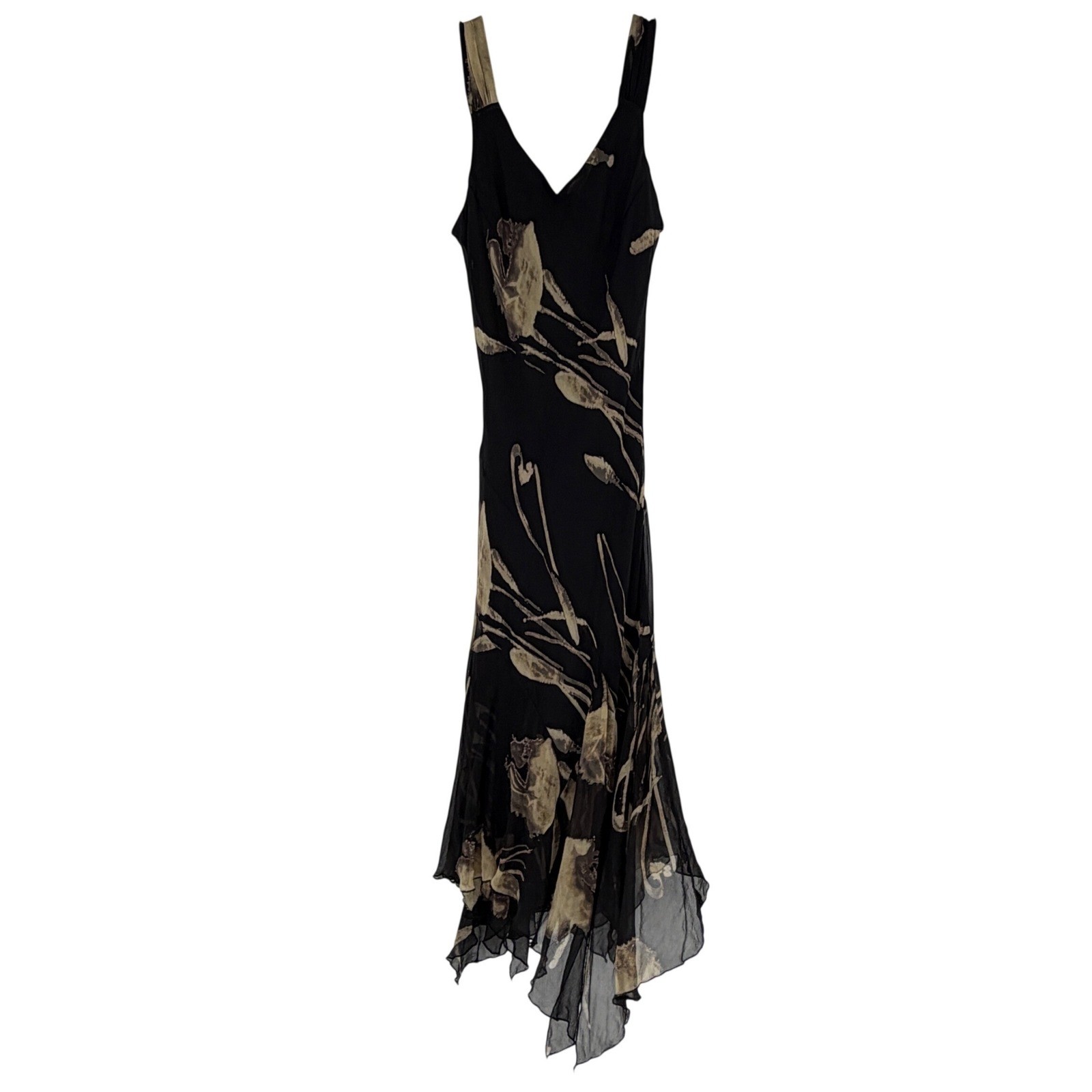Jonathan Martin Silk Floral Midi Dress Black Tan Asymmetrical Hem Size 10 Y2K