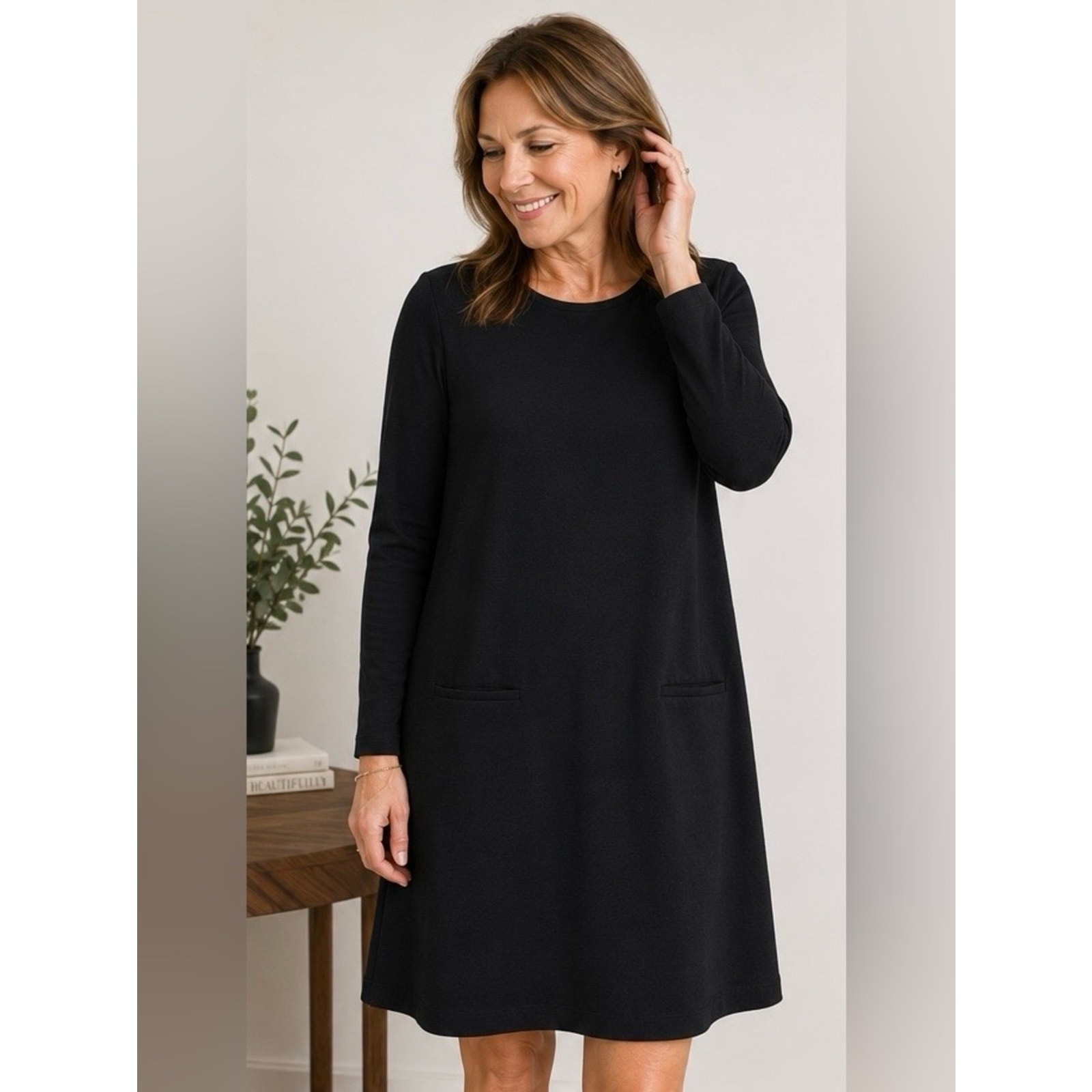Eileen Fisher Black Long Sleeve A-Line Pocket Dress Women’s Medium Minimalist