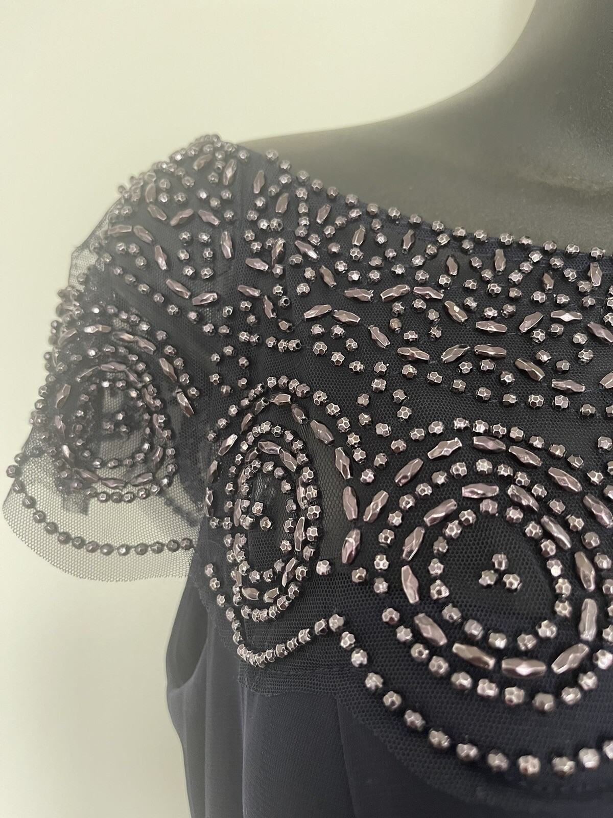 xscape Beaded Yoke, Cap Sleeve, Round Neck, Ruched Cascade Ruffle Side Gown