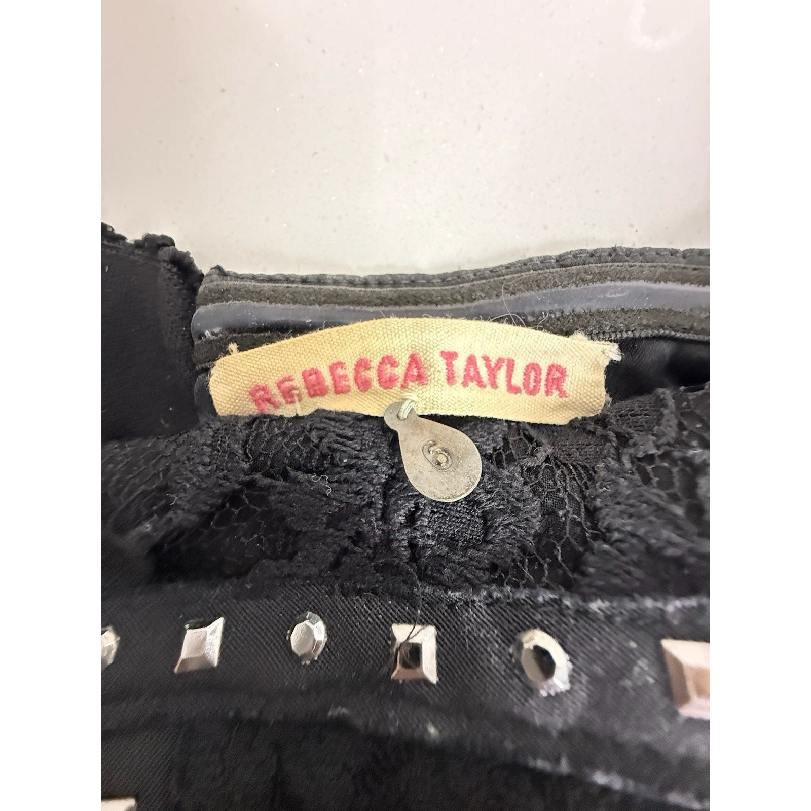Rebeca Taylor Black chiffon Strapless Dress Studded Rhinestone Lace Bodice Sz 6