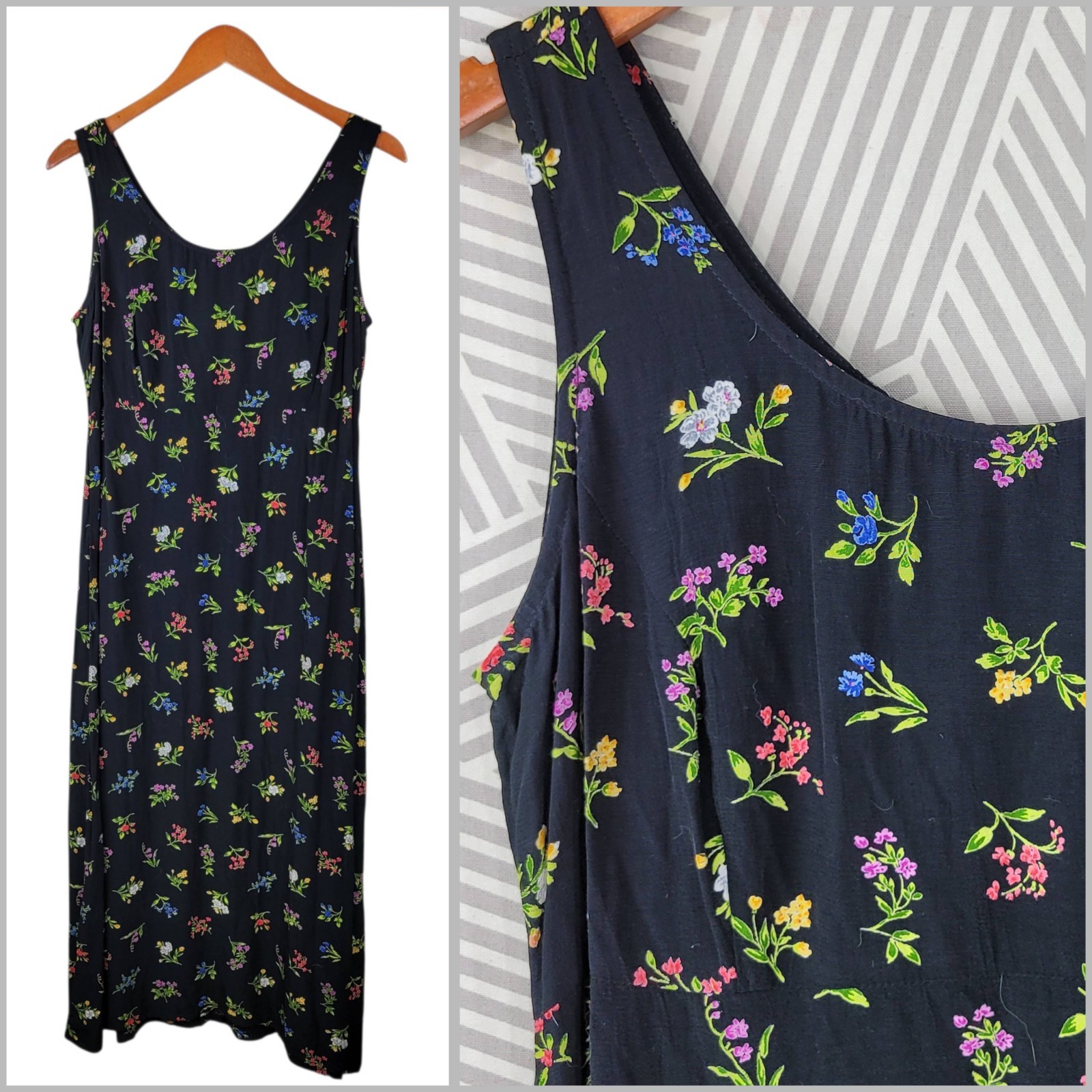 Vintage 90s Dress size 12 Floral Cottagecore Midi long Alt Wildflower Black