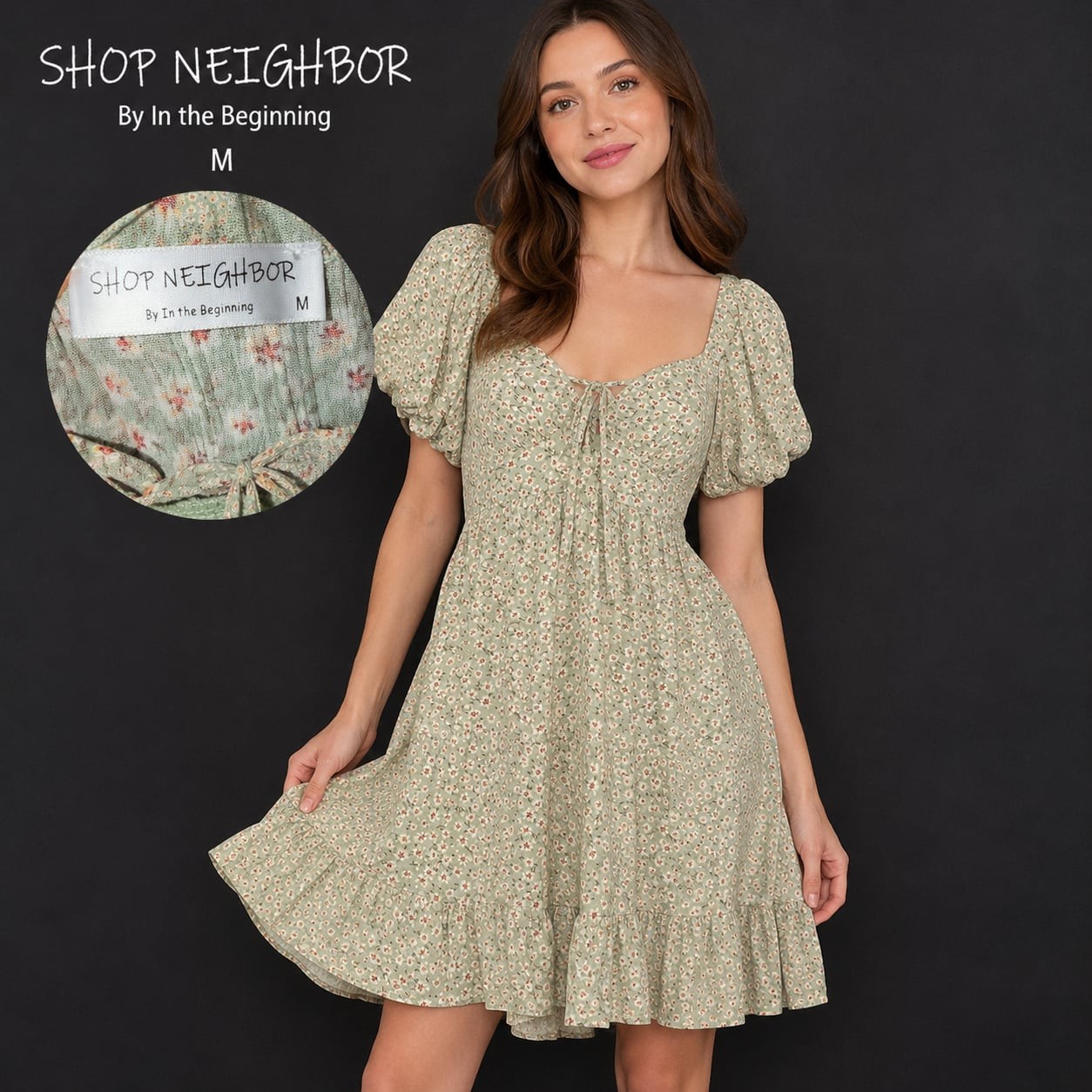Shop Neighbor By In the Beginning Green Floral Puff Sleeve Mini Dress