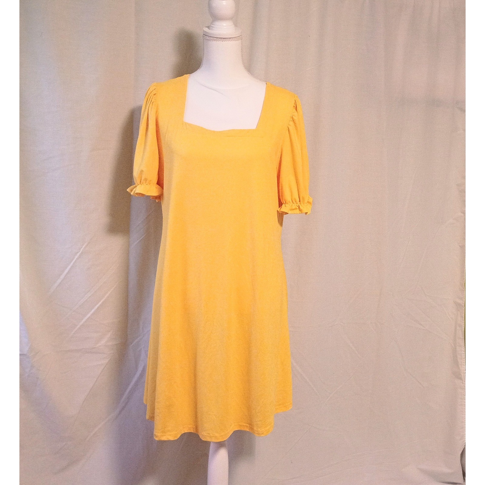 Yellow Square Neck Puff Sleeve Shift Dress Athletic Leisure Casual XL