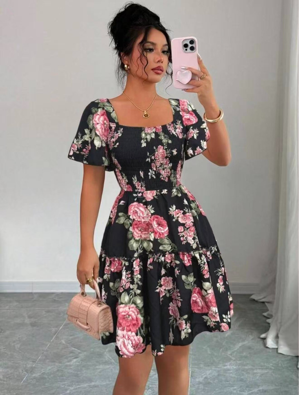 Women Floral Mini Dress Shirred Bodice Square Neck Ruffle Hem Summer Sundress