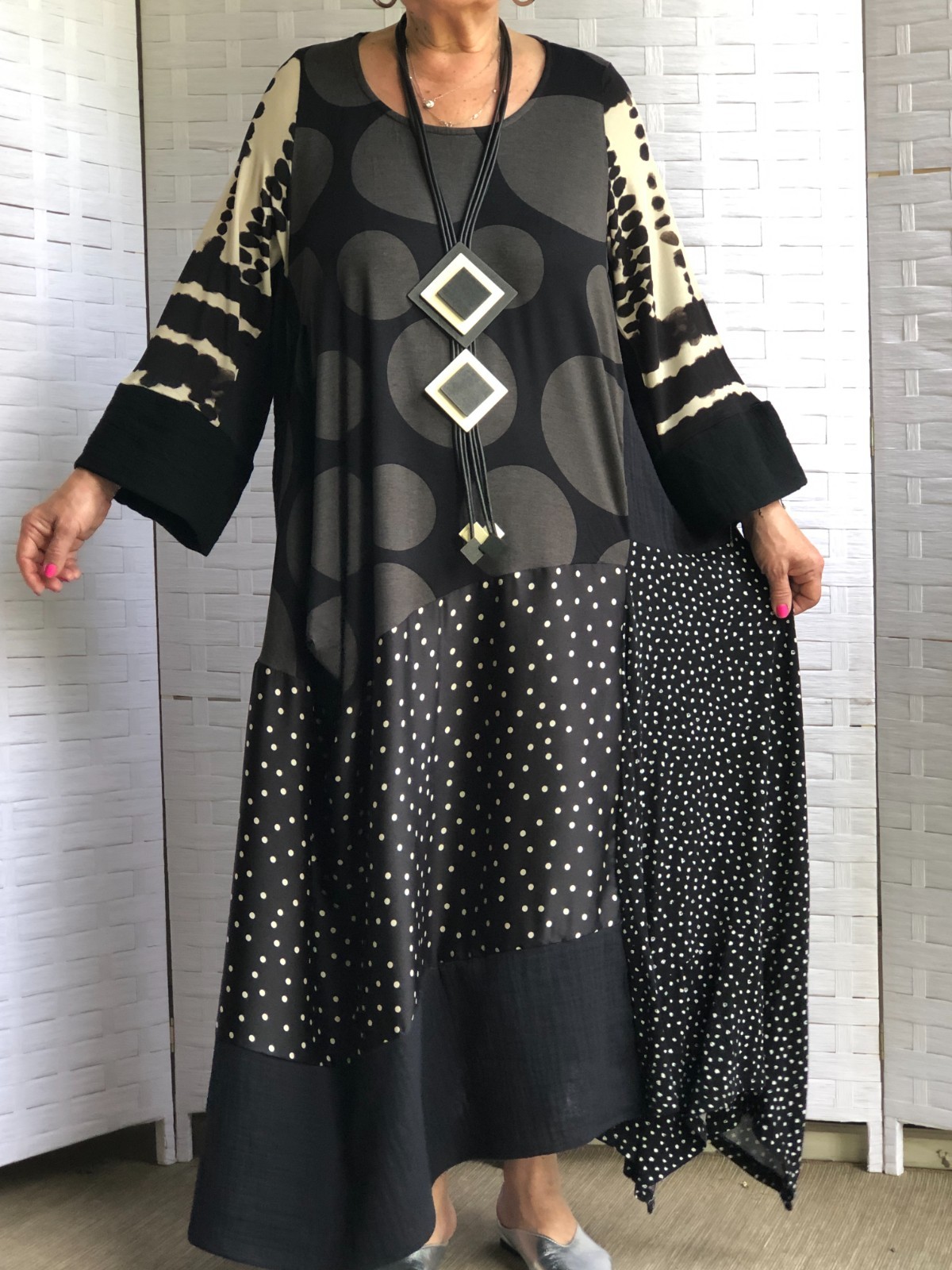 ARTSY LAGENLOOK BOHO ASYMMETRICAL PATCHWORK POLKA DOT DRESS WITH NECKLACE PLUS