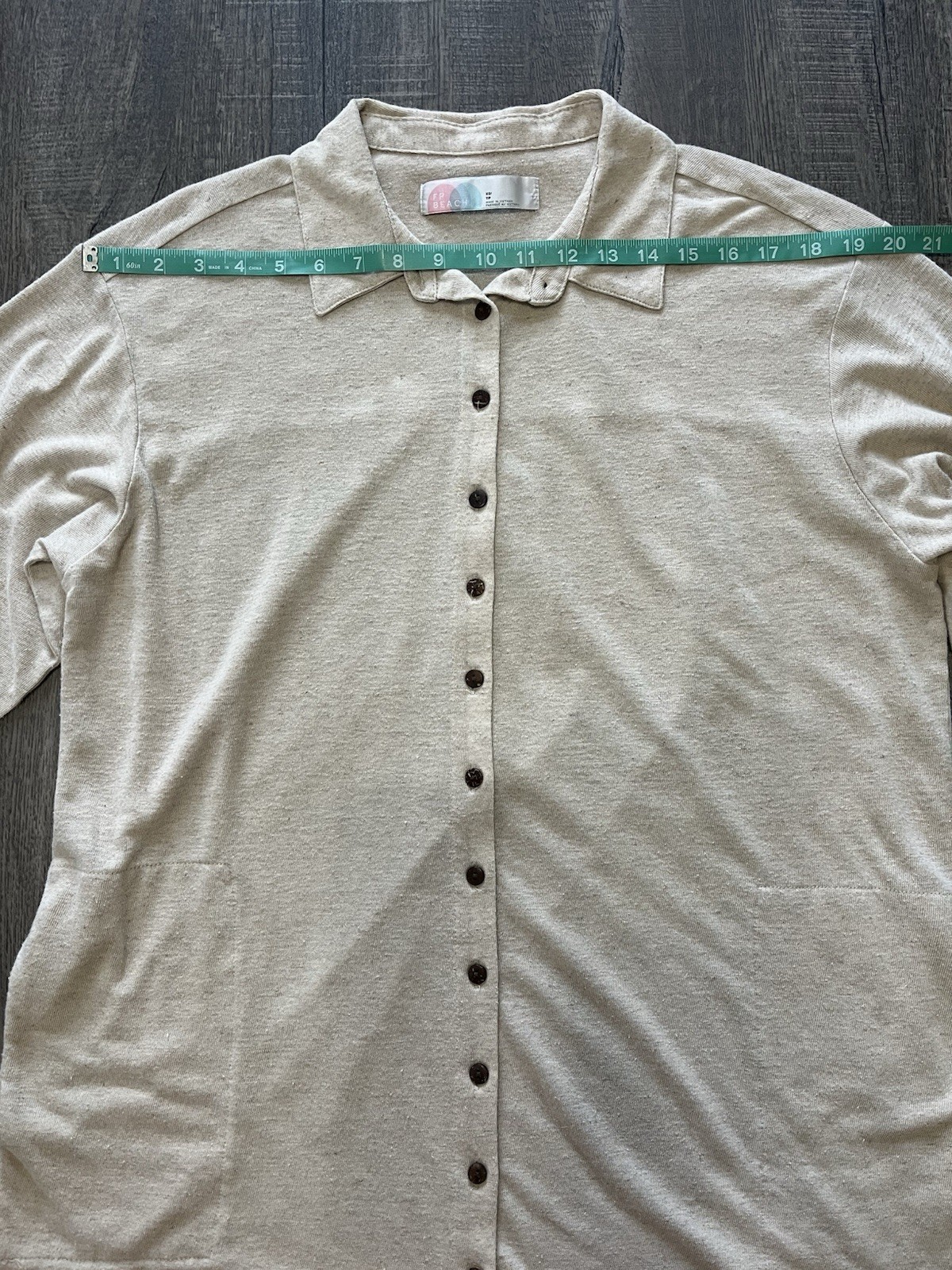 Free People Beach Linen Blend Smocked Cuff Button Down Shirt Dress Oatmeal XS