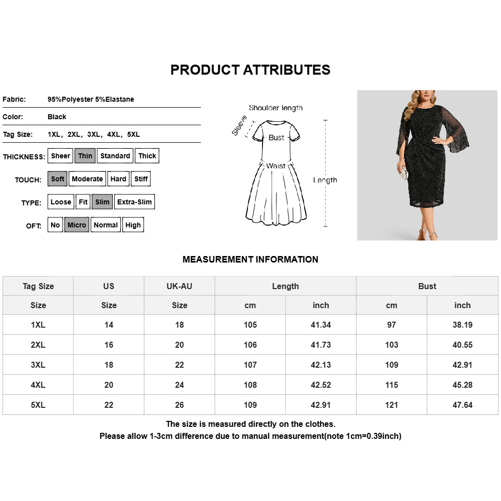 Womens Plus Size Mesh Cocktail Dress 3/4 Sleeve Round Neck Party Midi Dresses