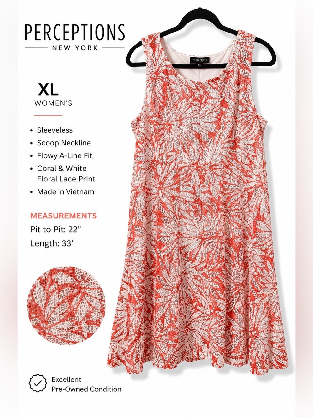 Perceptions New York XL Coral White Floral Lace Print Sleeveless A-Line Dress