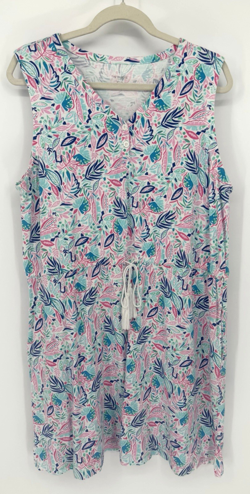T by Talbots Blue Pink Floral Knit Shift Dress V-Neck Sleeveless Knee Length PXL