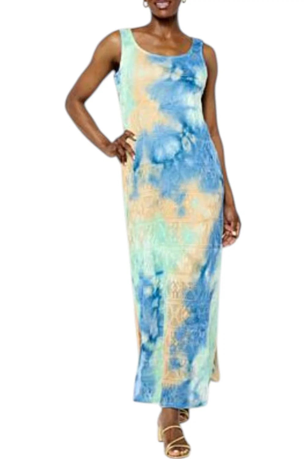 Nina Leonard Women’s Sleeveless Crochet Knit Dress Blue Multi
