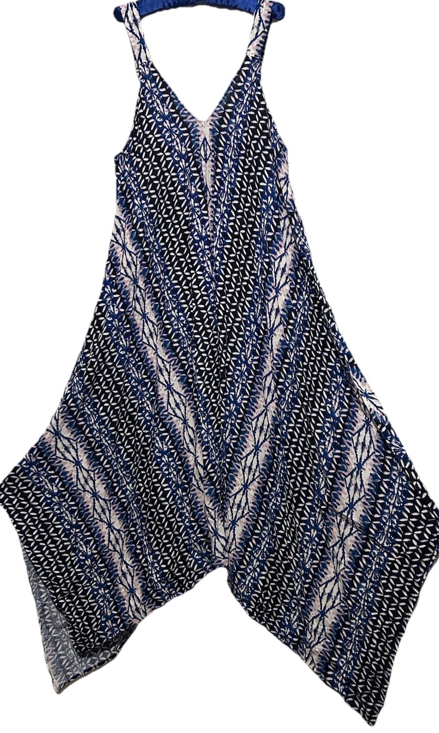 G Unit Dress L Blue Batik Rayon Boho Hippie Flowy Oversized Suspender Sundress