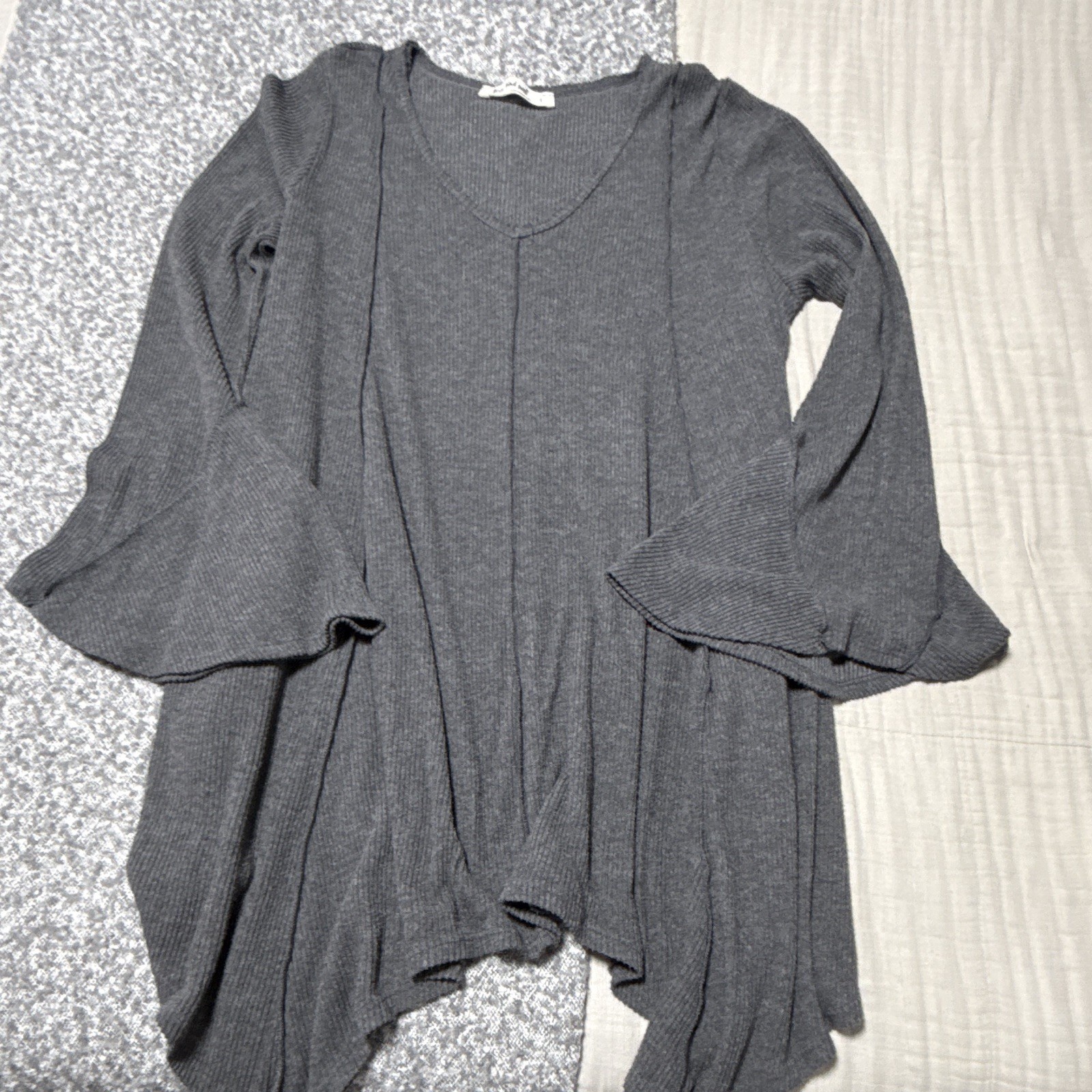 Three Birds Nest-Gray V-Neck Bell Sleeve Mini Dress Handkerchief hem, Women L