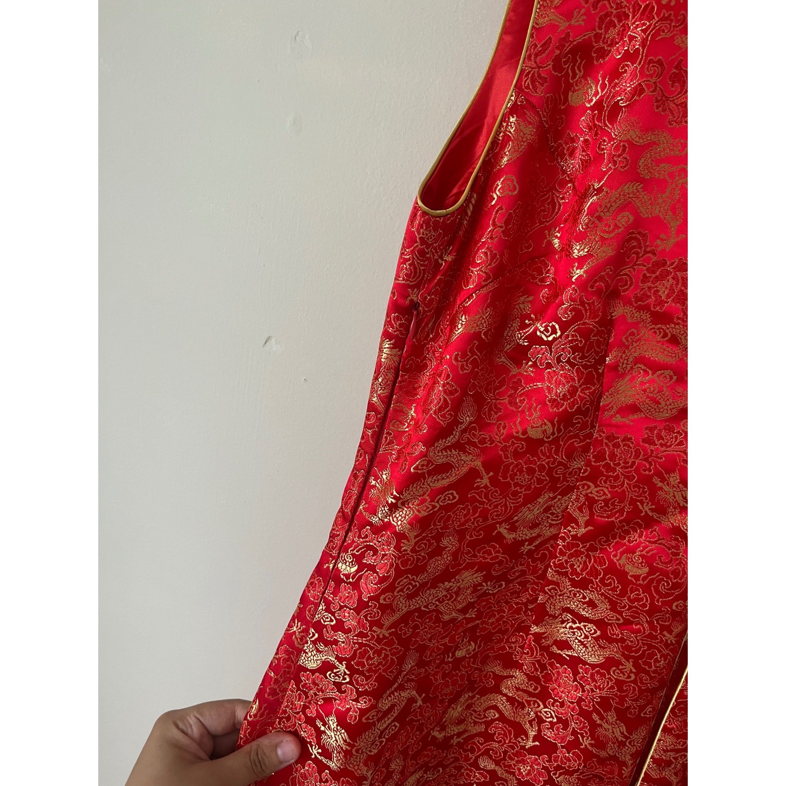 Vestern Fashion Red Gold Dragon Brocade Cheongsam Qipao Maxi Dress L Sleeveless