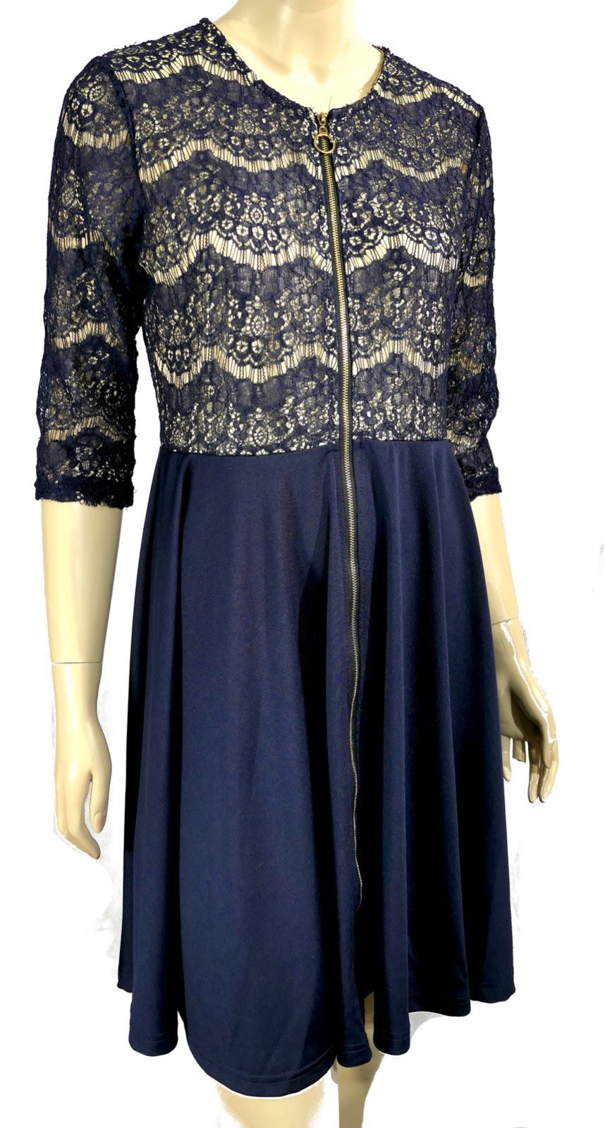 NWT Navy Crochet Lace Zipper Front Measeor A Line Sheath Dress L