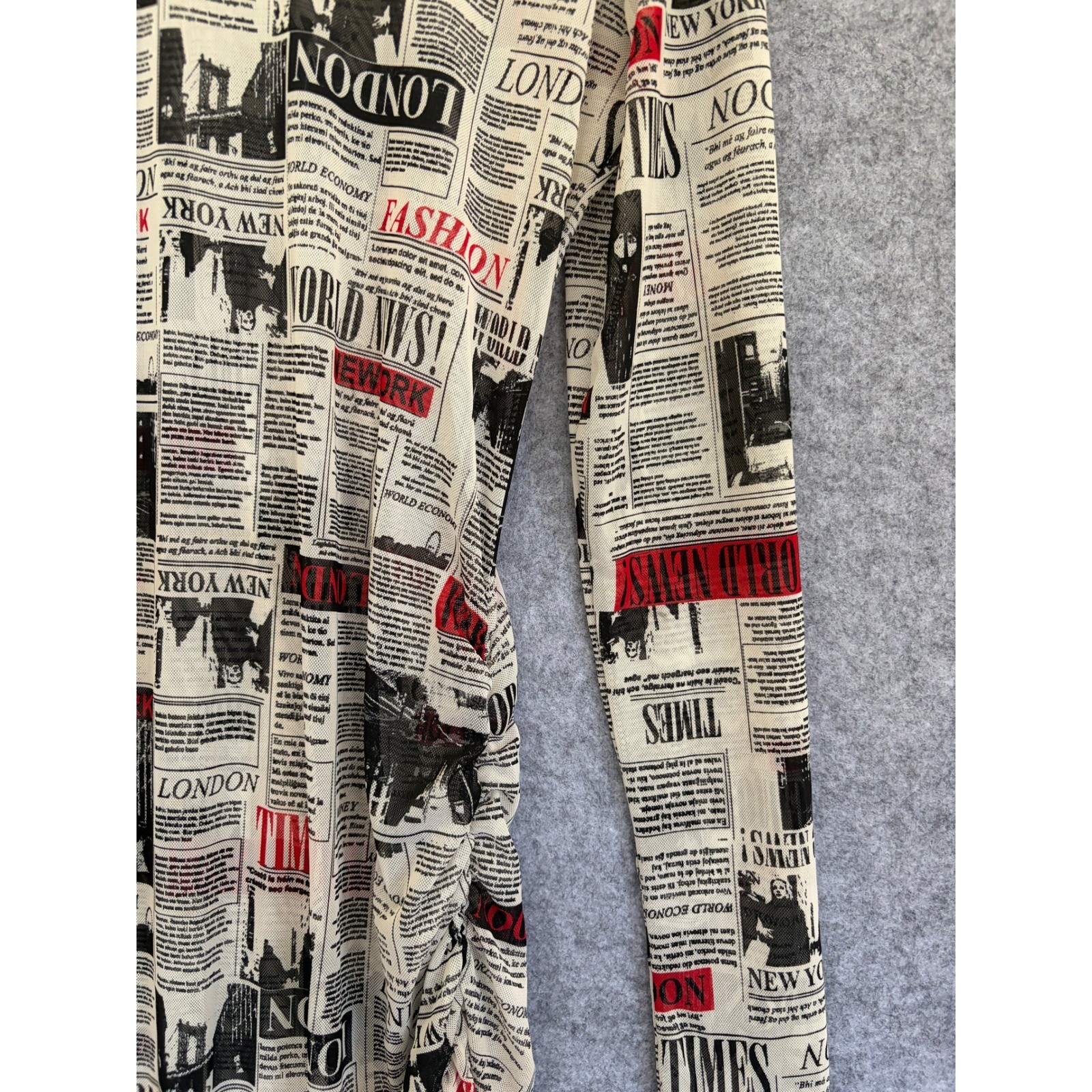 OBJEX Newspaper Print Mesh Ruched Long Sleeve Midi Bodycon Dress Black Red White