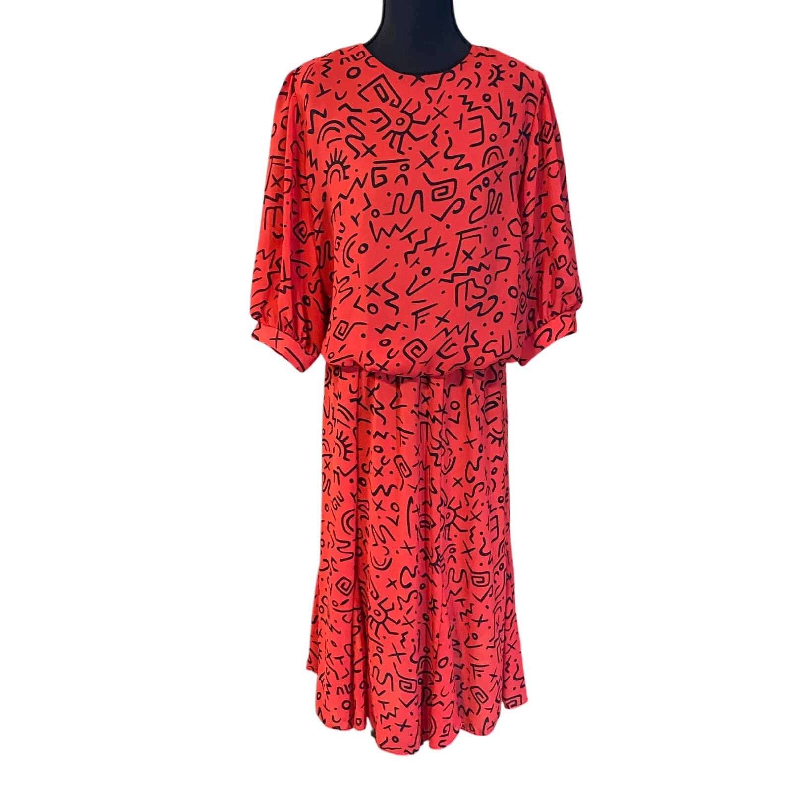 Vintage 80s Breli Originals Red Abstract Dress Size 16 Made in USA artsy bold