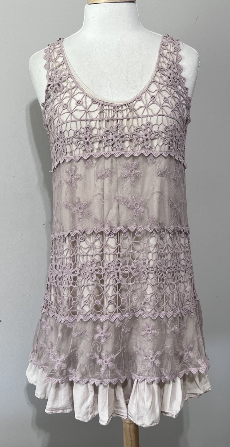 RYU Lilac Crochet Lace Cotton Lined Ruffle Boho Cottage Fairycore size Large