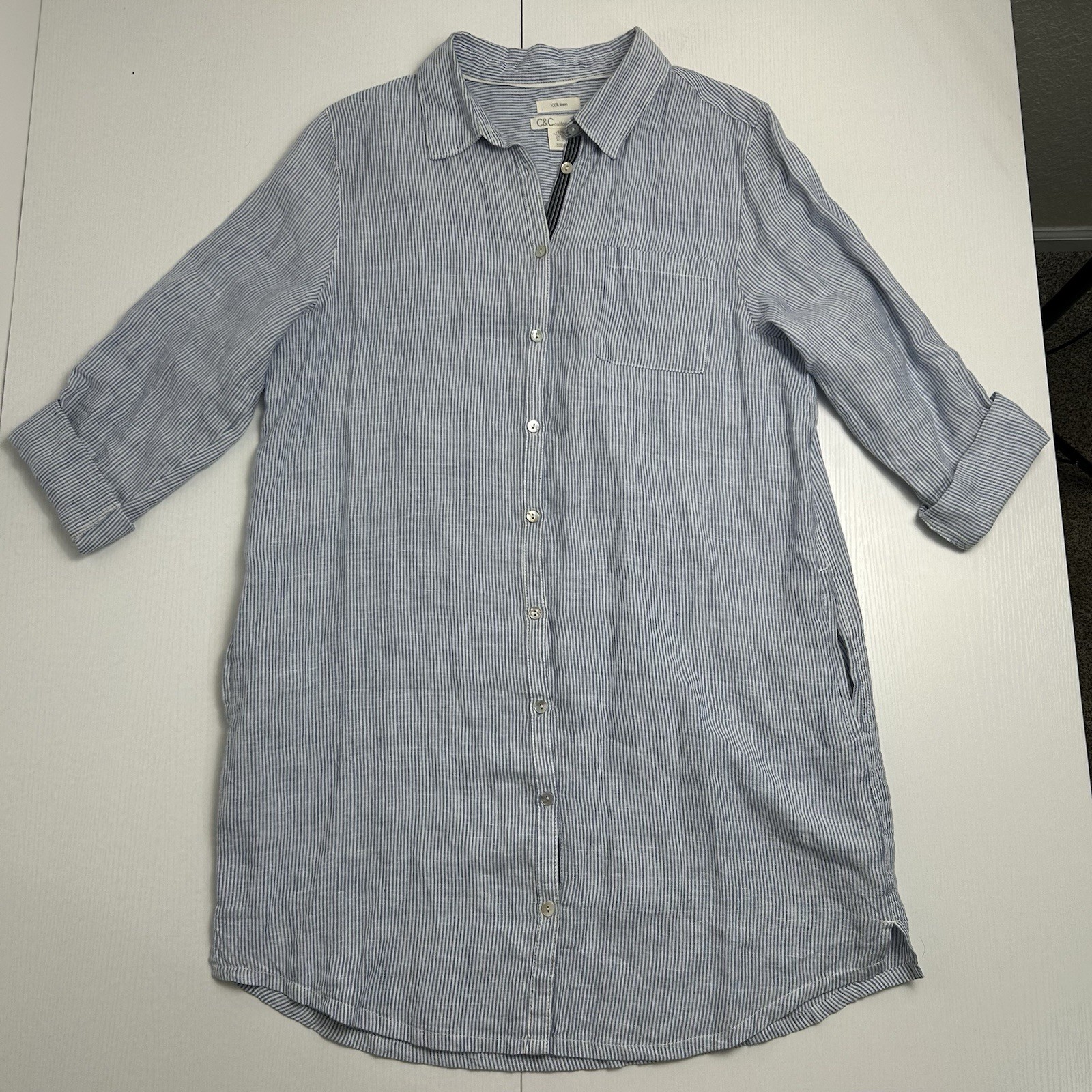 C C California Dress Womens Size XL Linen Striped Roll Tab Sleeve Coastal