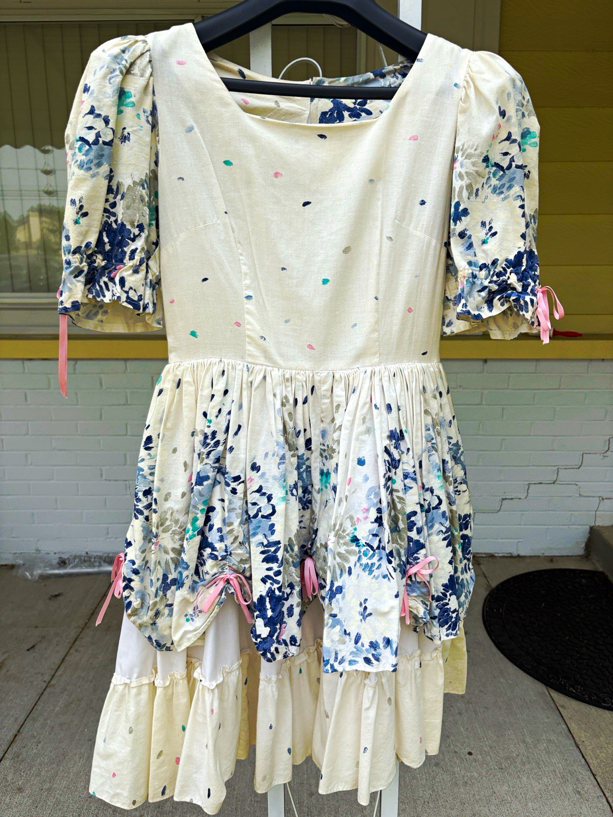 White Blue Floral Square Neck Puff Sleeve A-Line Knee Length Dress S