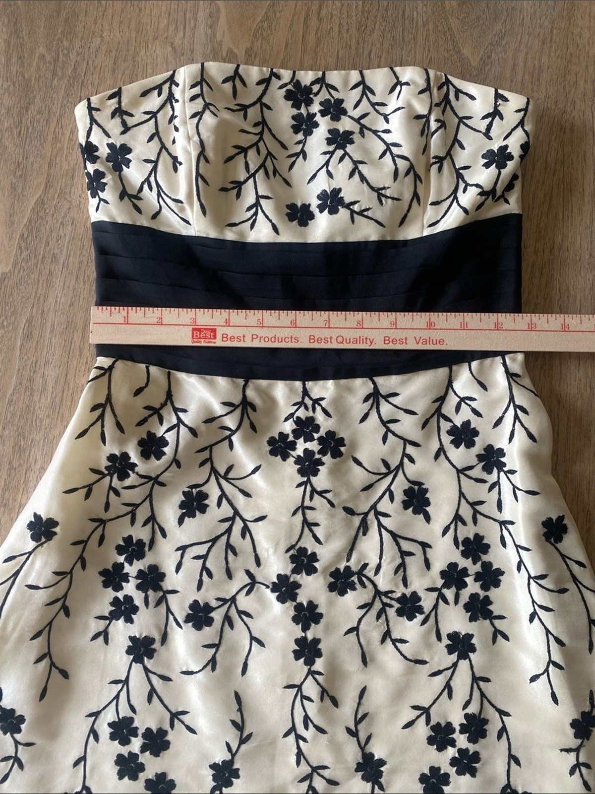 White House Black Market Strapless Silk Dress with Black Embroidery