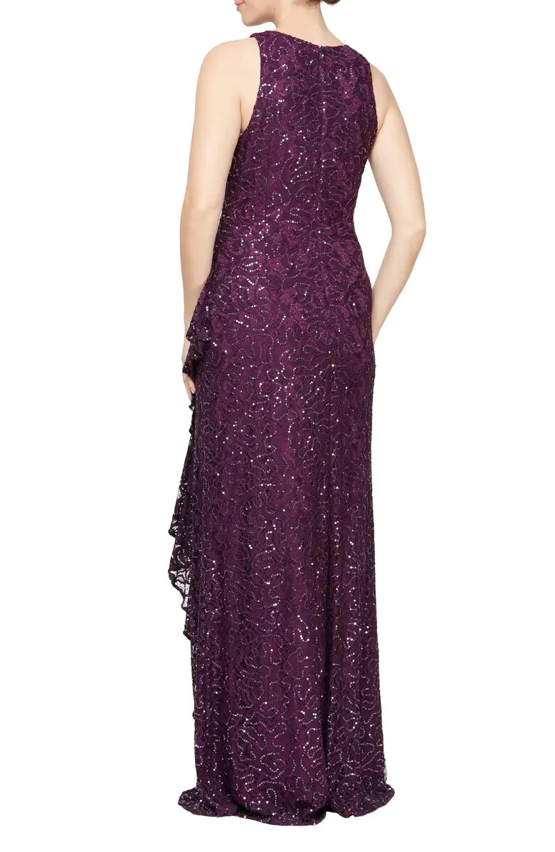 Alex Evenings Plum Sparkle Ruffle Sequin Lace Gown Sz 4 $219