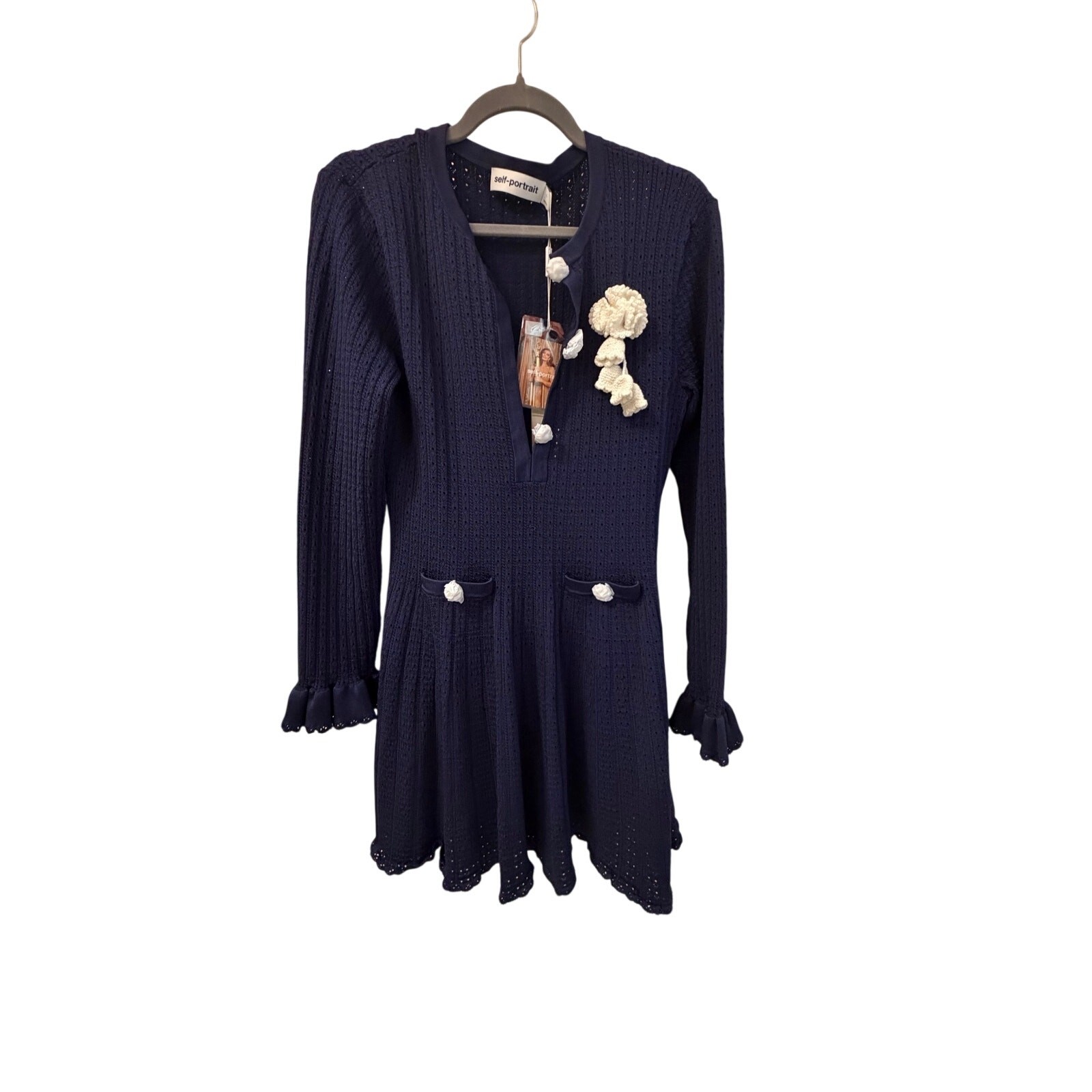 BNWT Navy Pointelle Knit Crochet Flower Mini Dress sz L from Harrod’s