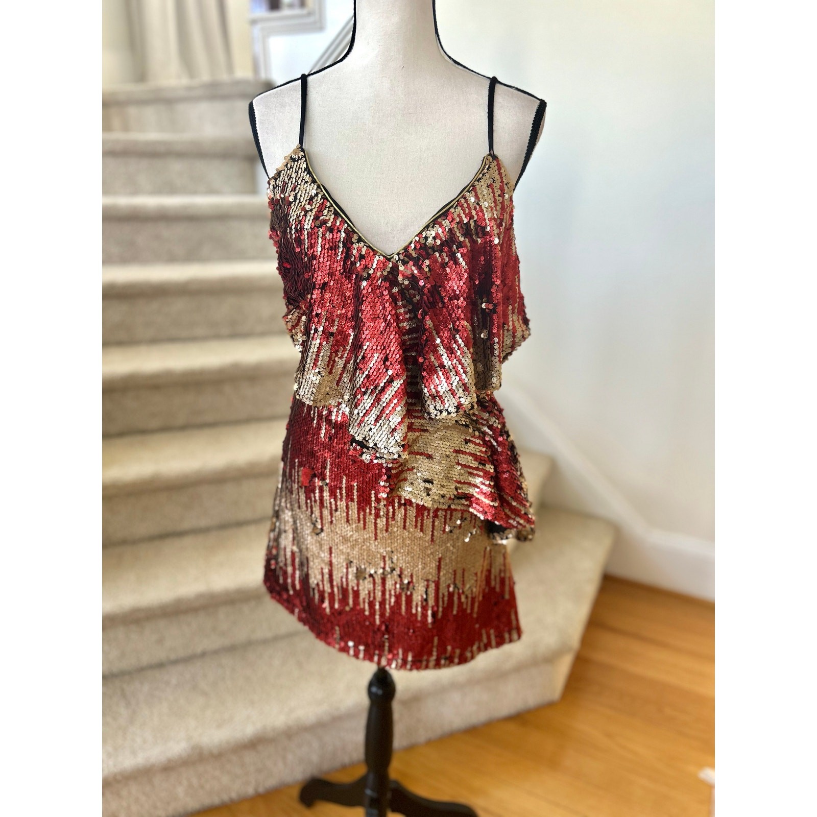 NWT NBD Caliente Red & Gold Glitter Sequin Ruffle Mini Dress