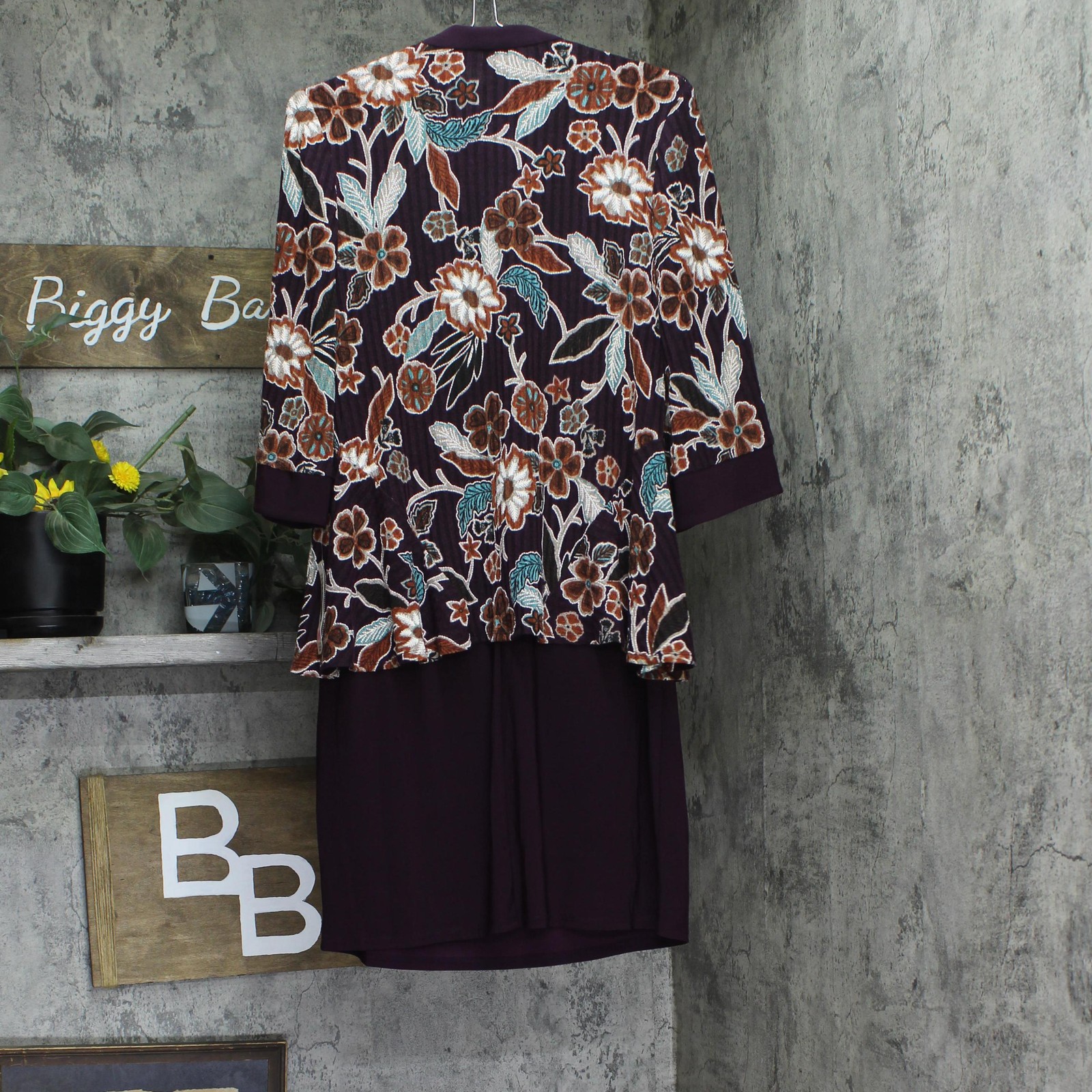 R&M Richards 2-Piece Printed Jacket with Dress Necklace Eggplant Purple 10P