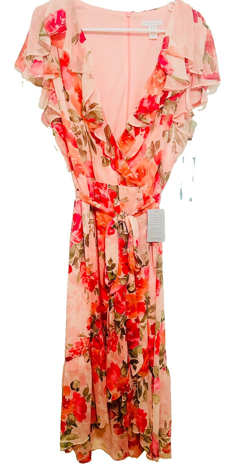 NWT London Times Peach Pink Floral Flutter Sleeve High-Low Faux Wrap Dress Size