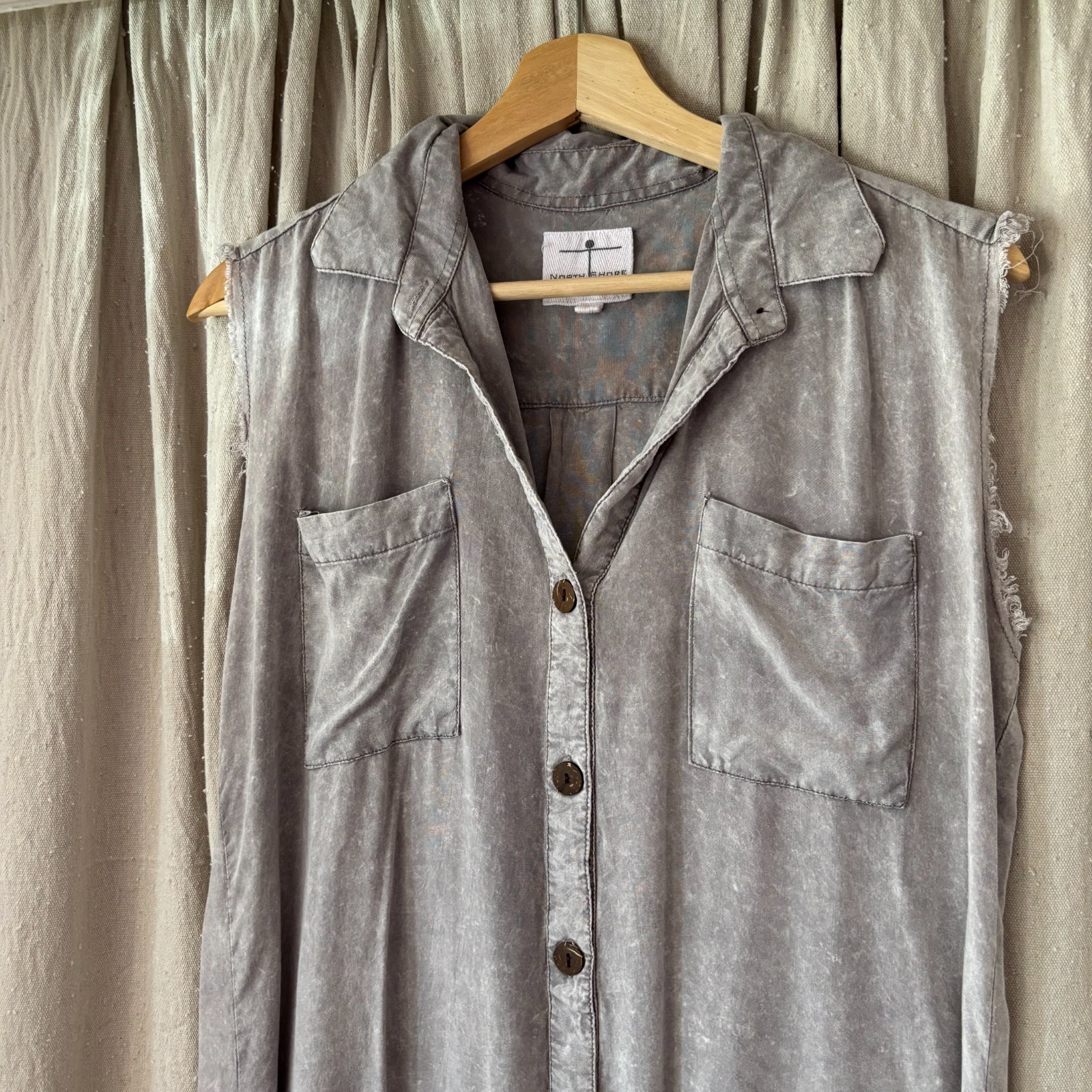 North Shore Mineral Wash Rayon Sleeveless Shirt Dress Medium Gray
