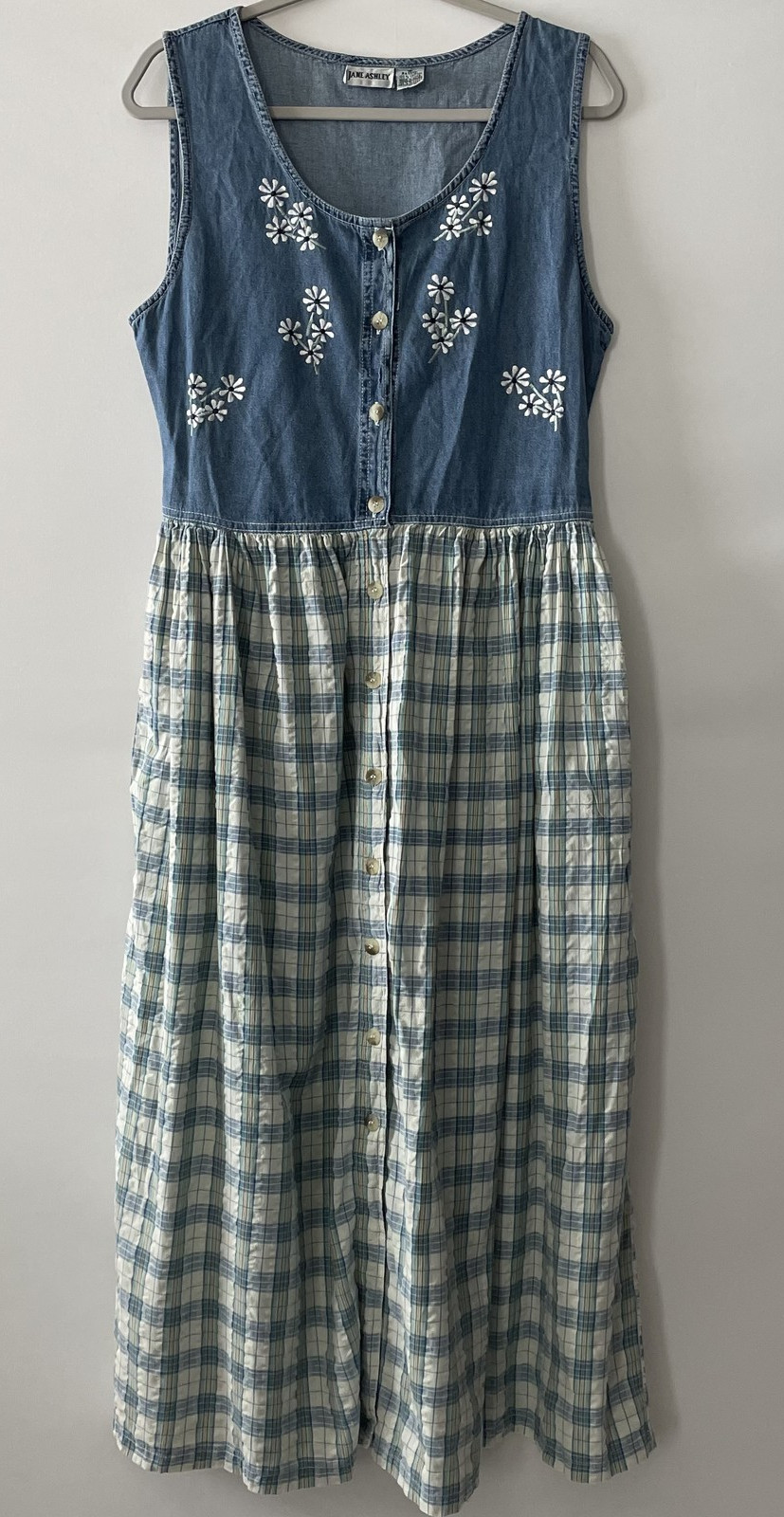 Vintage 1990s Jane Ashley Blue Plaid Embroidered Prairie Maxi Dress Size 14-C