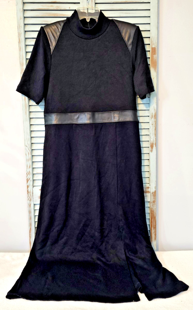 DKNY FAUX LEATHER TRIM SWEATER DRESS Womens L Black Mock Neck Maxi Sexy Slit NWT