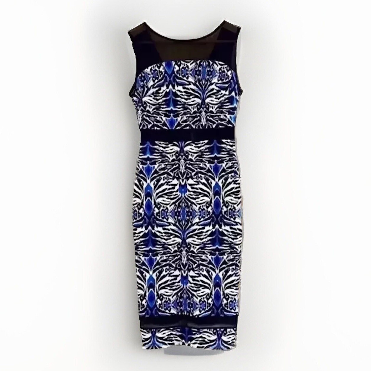 Amy Childs blue Aztec pattern bodycon stretch midi dress. Mesh inserts. Size 10