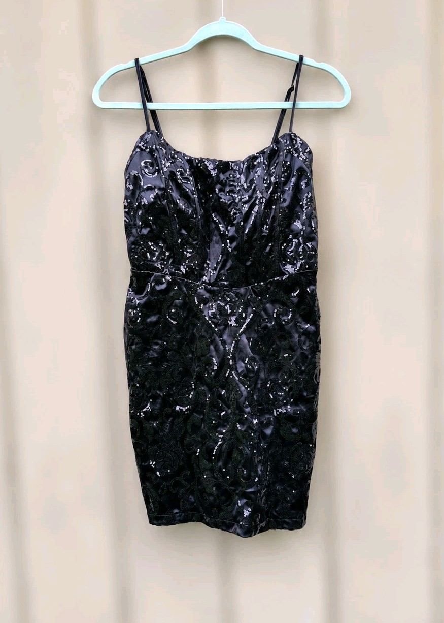 NEW Windsor Black Sequin Mini Dress Large Spaghetti-Strap Back Zip Stretch Event