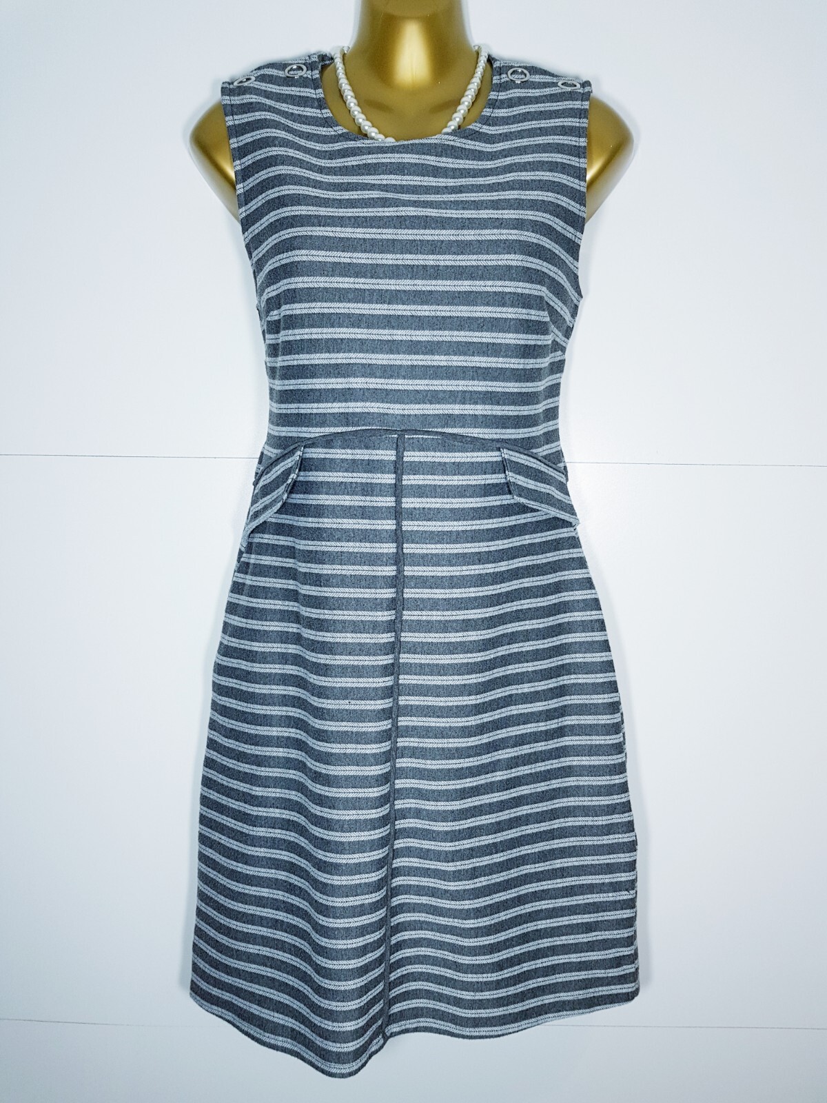 IZABEL LONDON DRESS SIZE 10 GREY STRIPE SHIFT SLEEVELESS 37″ Te901