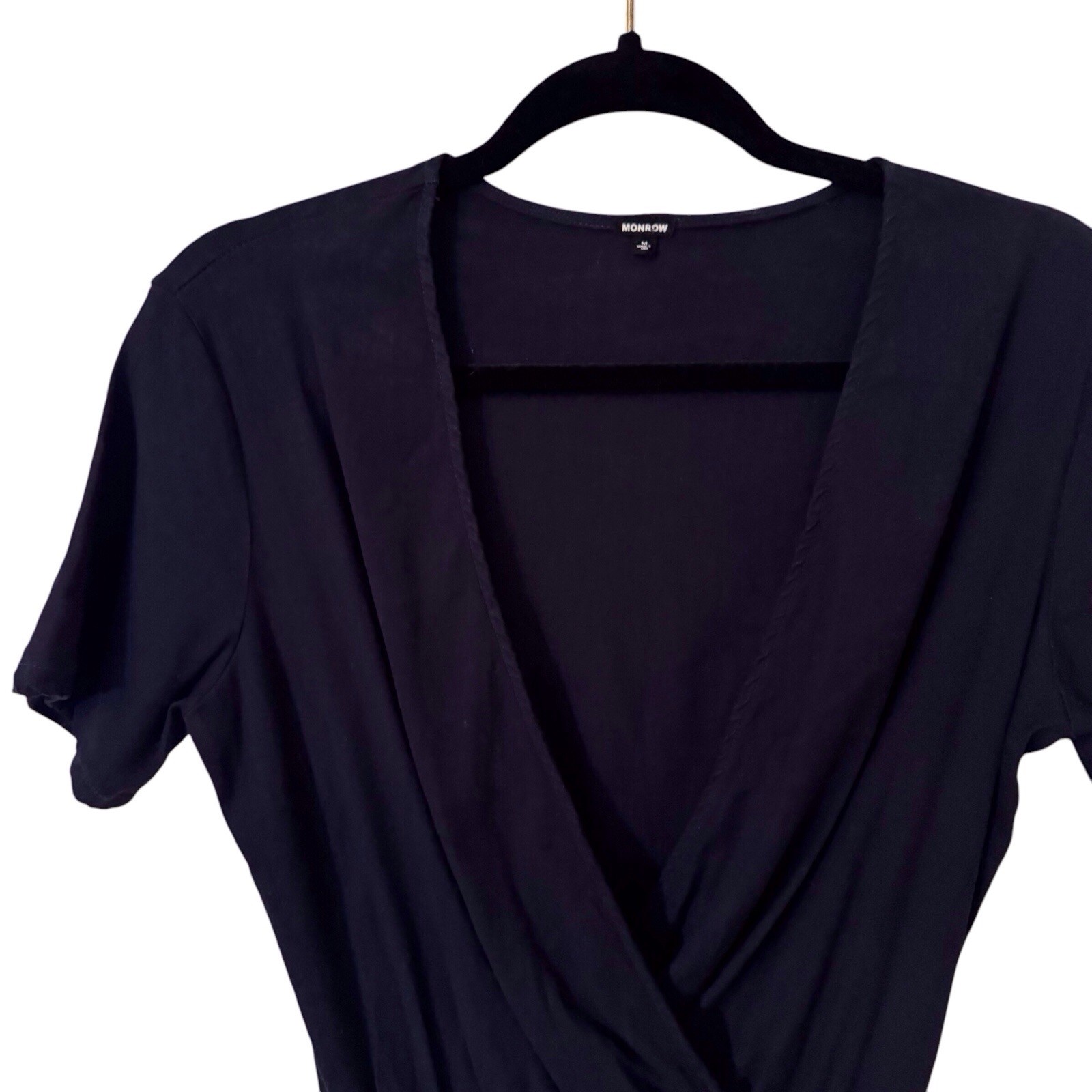 Monrow Size Medium Black Boho Western Ruffled Hem Ruched Woven Wrap Mini Dress