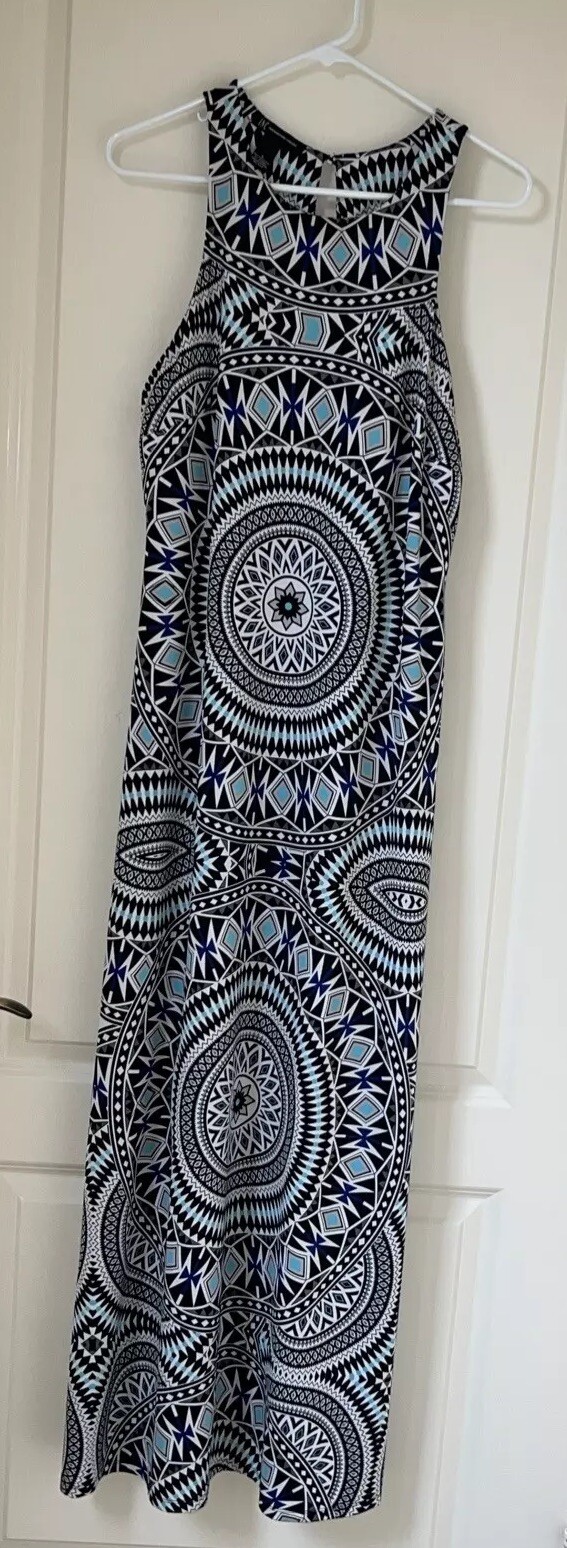INC International Concepts Geomagnetic Sleeveless Maxi Dress Blue White Black L