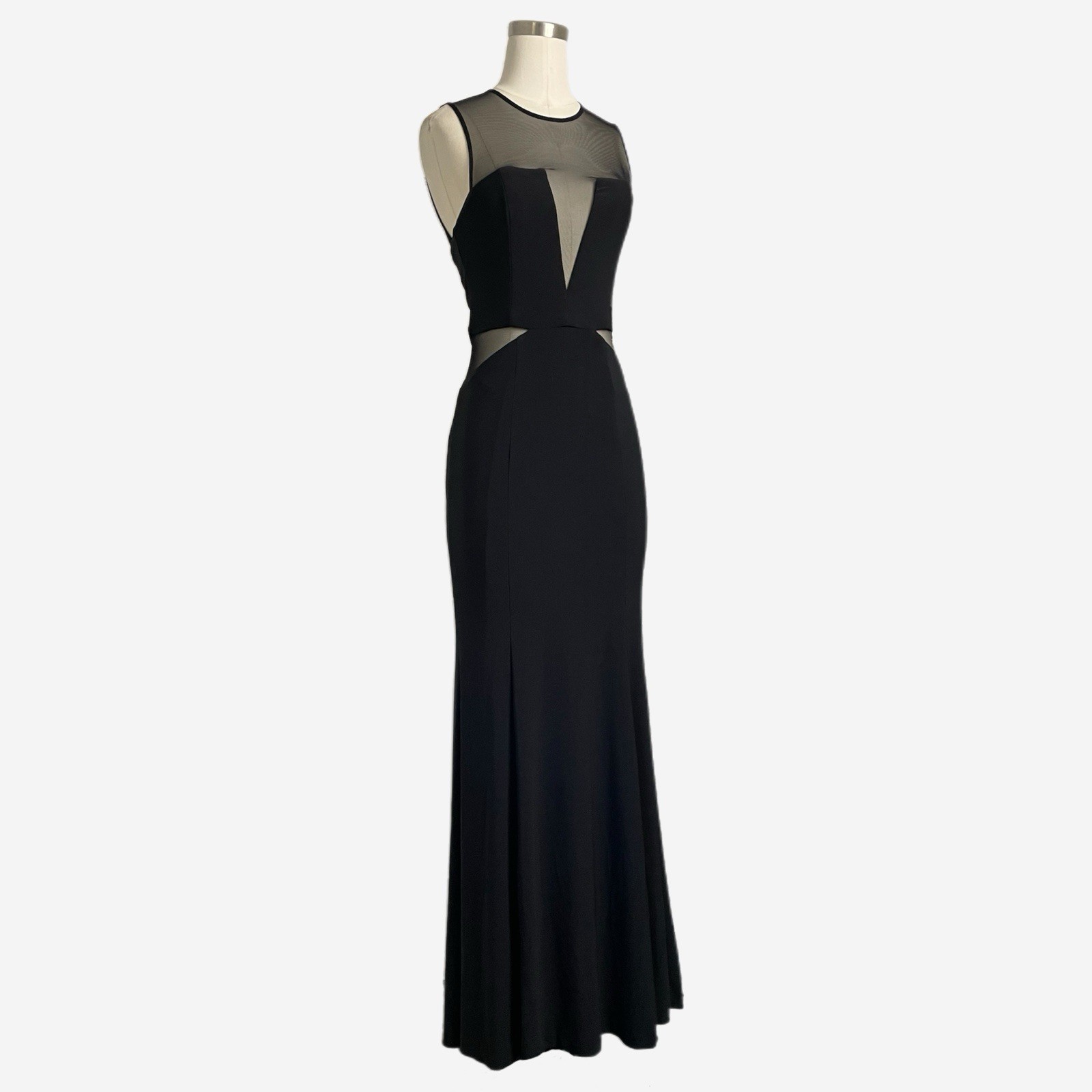Caché Black sleeveless illusion paneled cut out sheer mermaid maxi gown formal 2