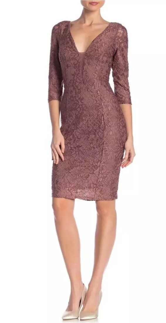 Marina Rinaldi Womens Lace Sheath Cocktail Dress Cafe Brown Gold Size 10
