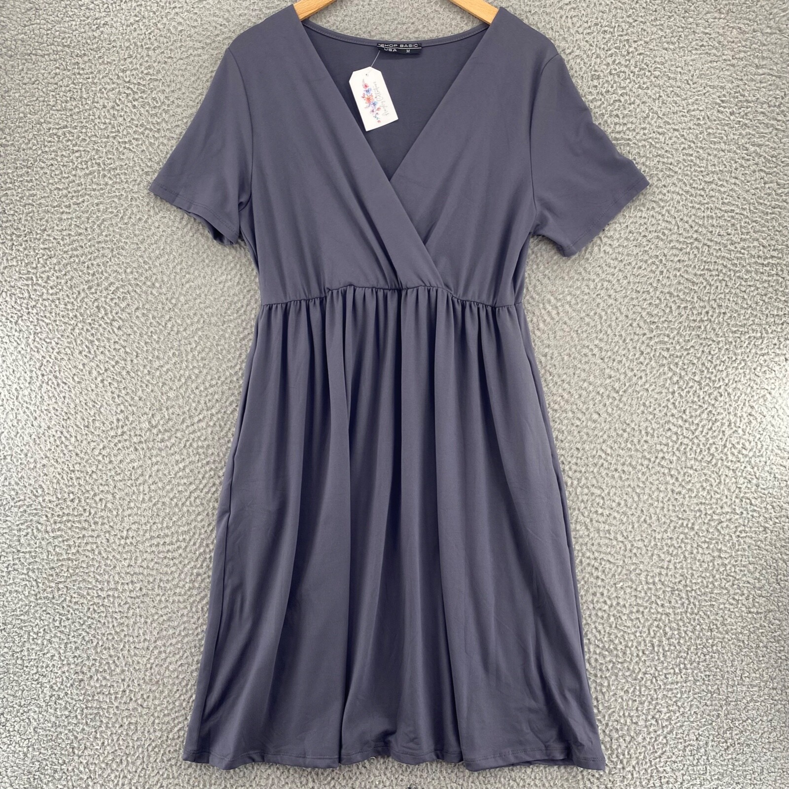 Shop Basic USA Dress Women Medium Gray Blouson Empire Surplice Short Sleeve NWT